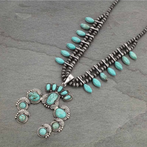 Jewelry - Full Squash Blossom Stone Faux Turquoise Necklace